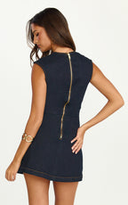 Heather Mini Dress - Square Neck A Line Denim Mini Dress in Raw