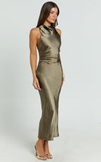 Aluna Midi Dress - High Neck Cross Back Satin Slip Dress in Olive