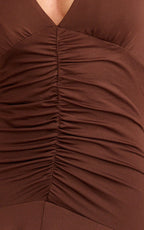 Celeste Maxi Dress - Gathered Bodice Dropped Waist Halter Dress in Chocolate