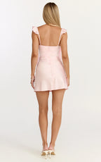Belrose Mini Dress - Satin Square Neck Ruffle Front Bodycon Dress in Baby Pink