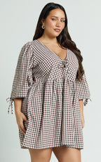 Rosita Mini Dress - Tie Front Puff Sleeve Dress in Brown and White Check