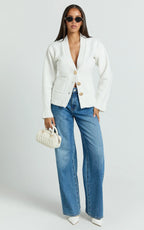 Nerissa Cardigan - V Neck Recycled Knit Contoured Cardigan in Cream