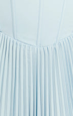 Loretta Midi Dress - Lace Up Back Bustier Pleated Dress in Light Blue