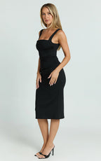 Tiffy Midi Dress - Square Neck Ruched Bodycon Dress in Black