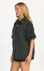 Iris Top - Oversized Recycled Denim Hardware Detail Short Sleeve Shirt in Black