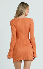 Simona Mini Dress - Texture Stripe Knit Long Sleeve V Neck Metal Trim Dress in Orange