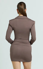 Heath Mini Dress - Concealed Placket Drape Gather Skirt Overlay Dress in Brown