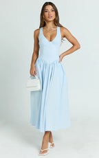 Beckett Midi Dress - Scoop Neck Drop V Waist Gathered Skirt Dress in Blue