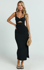 Bianca Midi Dress - Twist Front Cut Out Ruched Dress in Black