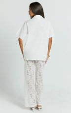 Jemma Two Piece Set - Relaxed Shirt and Lace Pants Set in White
