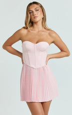 Loretta Mini Dress - Lace Up Corset Pleated Dress in Soft Pink