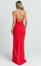 Sonya Maxi Dress - Cowl Neck Asymmetric Fit And Flare Dress in Red