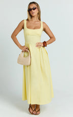 Donatella Midi Dress - Ruched Bust Fit And Flare Dress in Lemon