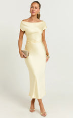 Menette Midi Dress - Short Sleeve Low Back Dress in Butter