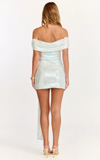 Myra Mini Dress - Off Shoulder Draped Sequin Dress in Soft Blue