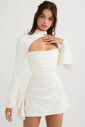 Silky Satin High Neck Long Sleeve Cutout Party Mini Dress - White