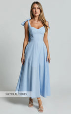 Tymia Midi Dress - Shoulder Tie Bustier Shirred Back A Line in Pastel Blue