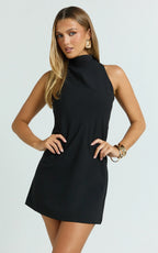 Eloise Mini Dress - Sleeveless High Neck Dress in Black