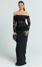 Suzanna Maxi Dress - Off Shoulder Lace Dress in Black