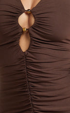 Reese Mini Dress - Key Hole Beaded Fit and Flare Dress in Chocolate