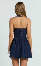 Hayes Mini Dress - Halter Neck Corset Bodice Dress in Dark Blue