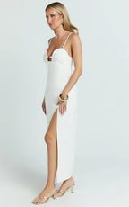 Estelle Midi Dress - Beaded Scallop Neck Split Leg Dress in Off White