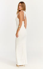 Heath Maxi Dress - Scoop Halter Neck With Drape Front Skirt Back Split Dress in Off White