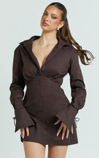 Gino Mini Dress - Collared Button Down Corset Waist Shirt Dress in Chocolate