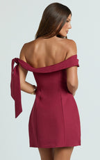 Cecilia Mini Dress - Off Shoulder Tie Detail Dress in Wine