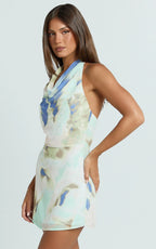 Elouise Mini Dress - Halter Cowl Neck Dress in Aquamarine Floral Print