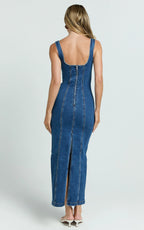 Kristie Maxi Dress - Wide Neck Corset Detail Denim Dress in Dark Blue Wash