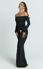 Trish Maxi Dress - Off Shoulder Hardware Trim Bodycon Dress in Black