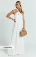 Jhazmine Maxi Dress - Halterneck Linen Gold Trim Dress in Off White
