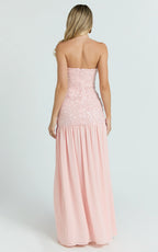 Georgina Maxi Dress - Sequin Strapless Front Split Dress in Pink