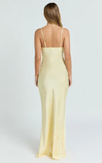 Liliane Maxi Dress - Lace Trim Bias Cut Dress in Lemon