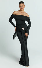 Trish Maxi Dress - Off Shoulder Hardware Trim Bodycon Dress in Black
