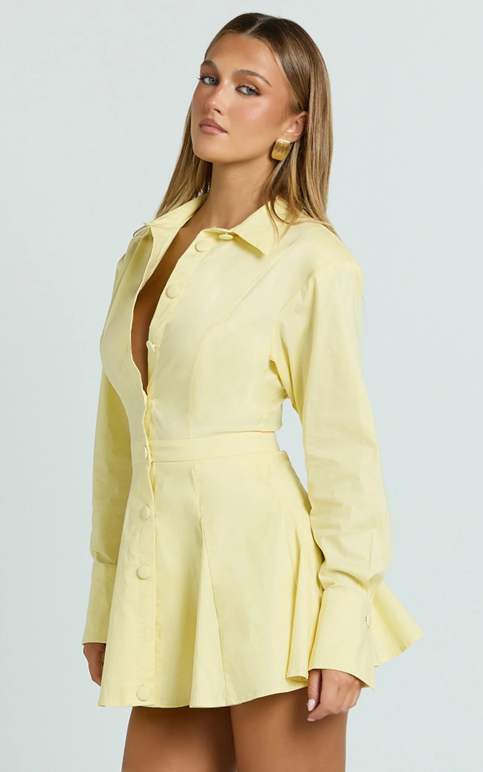 Dale Mini Dress - Power Shoulder Collared Button Down Fit And Flare Dress in Lemon