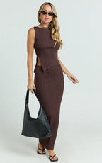 Klarisse Two Piece Set - Asym Top and Maxi Skirt Set in Chocolate