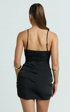 Rania Mini Dress - Square Neck Cowl Waist Lace Dress in Black
