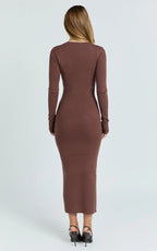 Odessa Midi Dress - U Neck Long Fitted Sleeve Sheer Waist Fitted Knit Dress in Chocolate