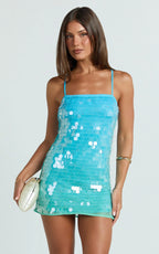 Savanna Mini Dress - Strappy Ombre Sequin Shift Dress in Aqua