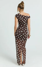 Lia Maxi Dress - Off Shoulder Slip Dress in Chocolate White Spot