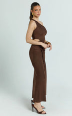 Mandy Midi Dress - Knot Detail Cut Out Mesh Dress in Chocolate
