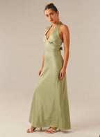 Heavy Hearted Satin Maxi Dress - Sage