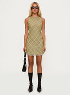 Buffie Shoulder Mini Dress Green Check