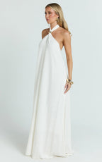 Jhazmine Maxi Dress - Halterneck Linen Gold Trim Dress in Off White