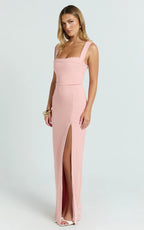 Donna Maxi Dress - Cowl Neck Column High Split Dress in Pale Pink