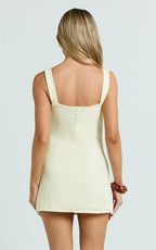 Sienna Mini Dress - Square Neck Floral Embroidered A Line Dress in Lemon