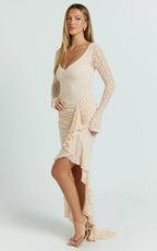 Rhea Maxi Dress - Long Sleeve Ruched Ruffle Hem Dress in Blush