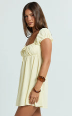 Brooks Mini Dress - Puff Sleeve Front Tie Babydoll Dress in Lemon